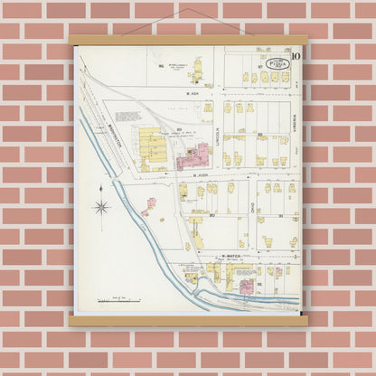 Old map wall art mockup — magnetic wood frame on brick wall — Sanborn Fire Insurance Map from Piqua, Miami County, Ohio (1892), Sheet #0010