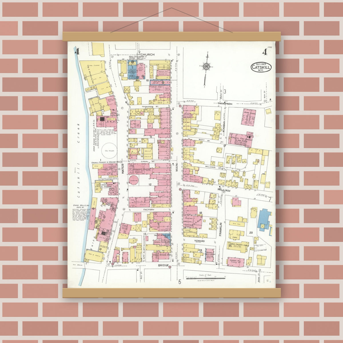 Old map wall art mockup — magnetic wood frame on brick wall — Sanborn Fire Insurance Map from Catskill, Greene County, New York (1923), Sheet #0004