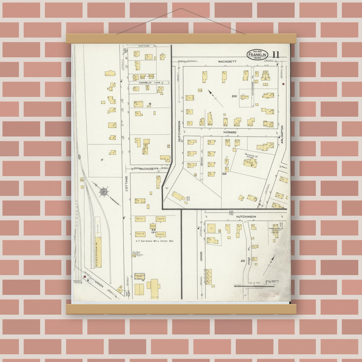 Old map wall art mockup — magnetic wood frame on brick wall — Sanborn Fire Insurance Map from Franklin, Norfolk County, Massachusetts (1919), Sheet #0011