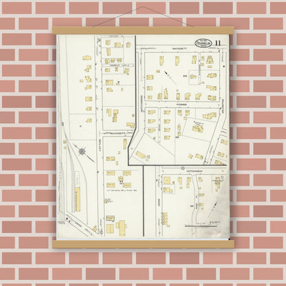 Old map wall art mockup — magnetic wood frame on brick wall — Sanborn Fire Insurance Map from Franklin, Norfolk County, Massachusetts (1919), Sheet #0011