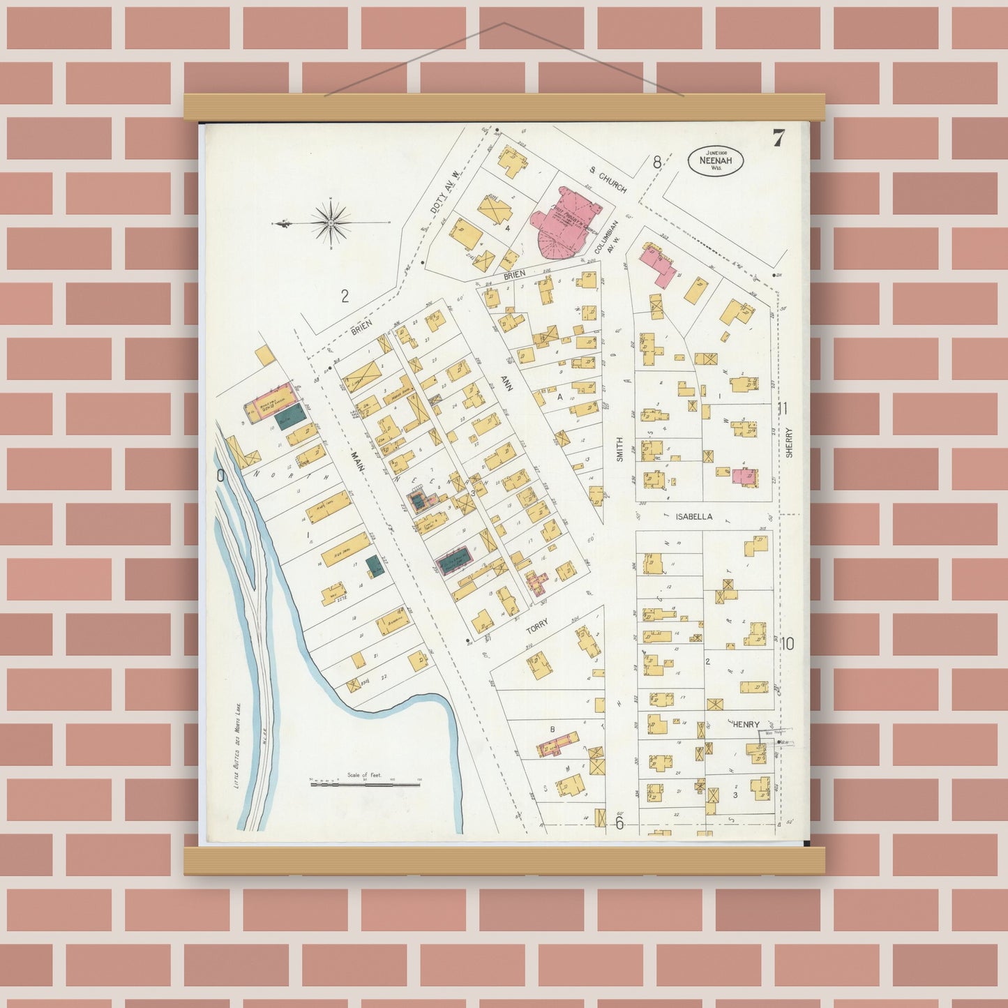 Old map wall art mockup — magnetic wood frame on brick wall — Sanborn Fire Insurance Map from Neenah, Winnebago County, Wisconsin (1906), Sheet #0007
