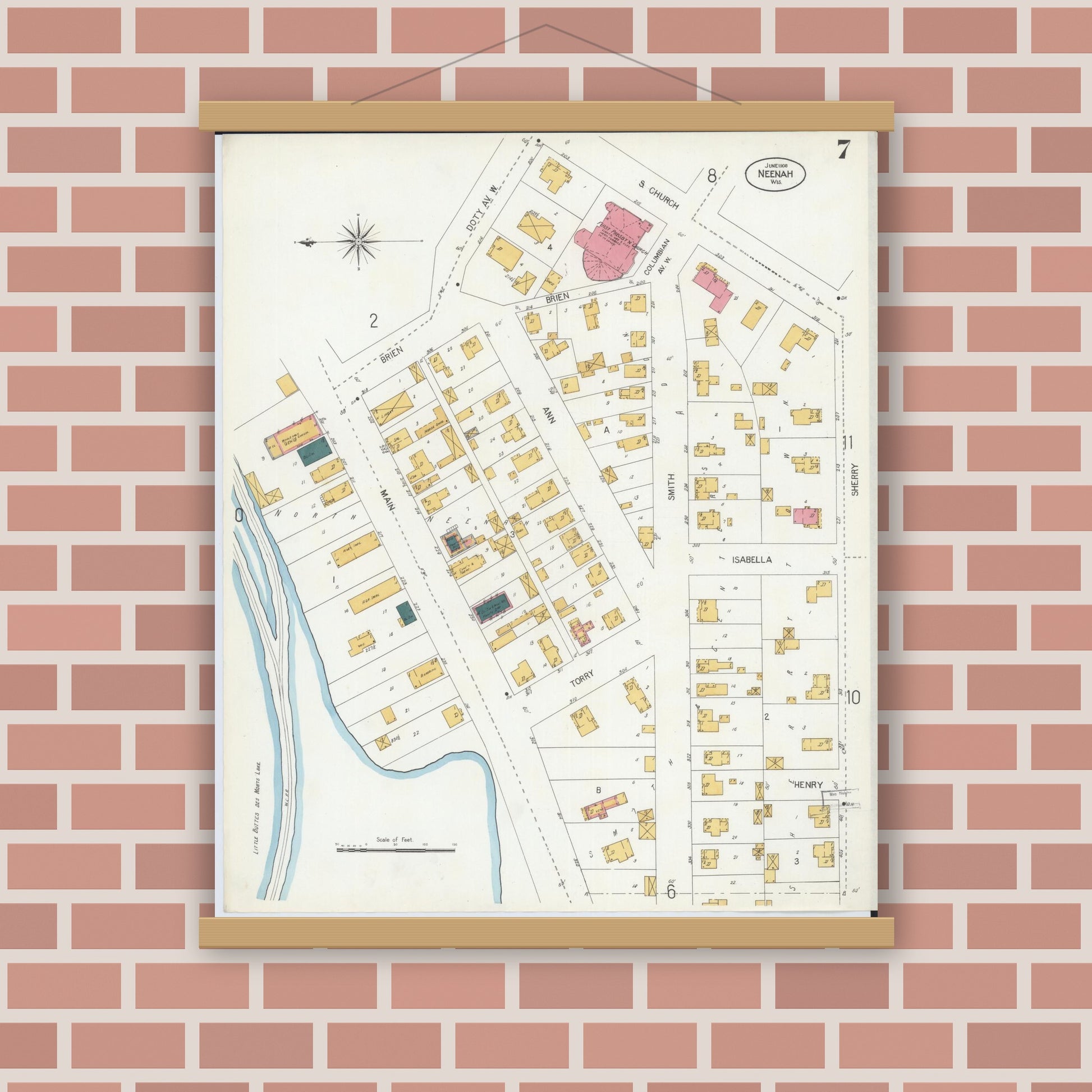 Old map wall art mockup — magnetic wood frame on brick wall — Sanborn Fire Insurance Map from Neenah, Winnebago County, Wisconsin (1906), Sheet #0007