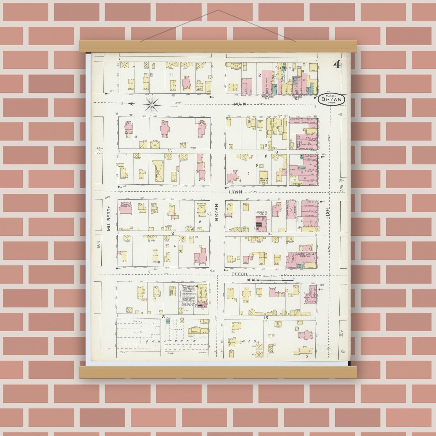 Old map wall art mockup — magnetic wood frame on brick wall — Sanborn Fire Insurance Map from Bryan, Williams County, Ohio (1893), Sheet #0004