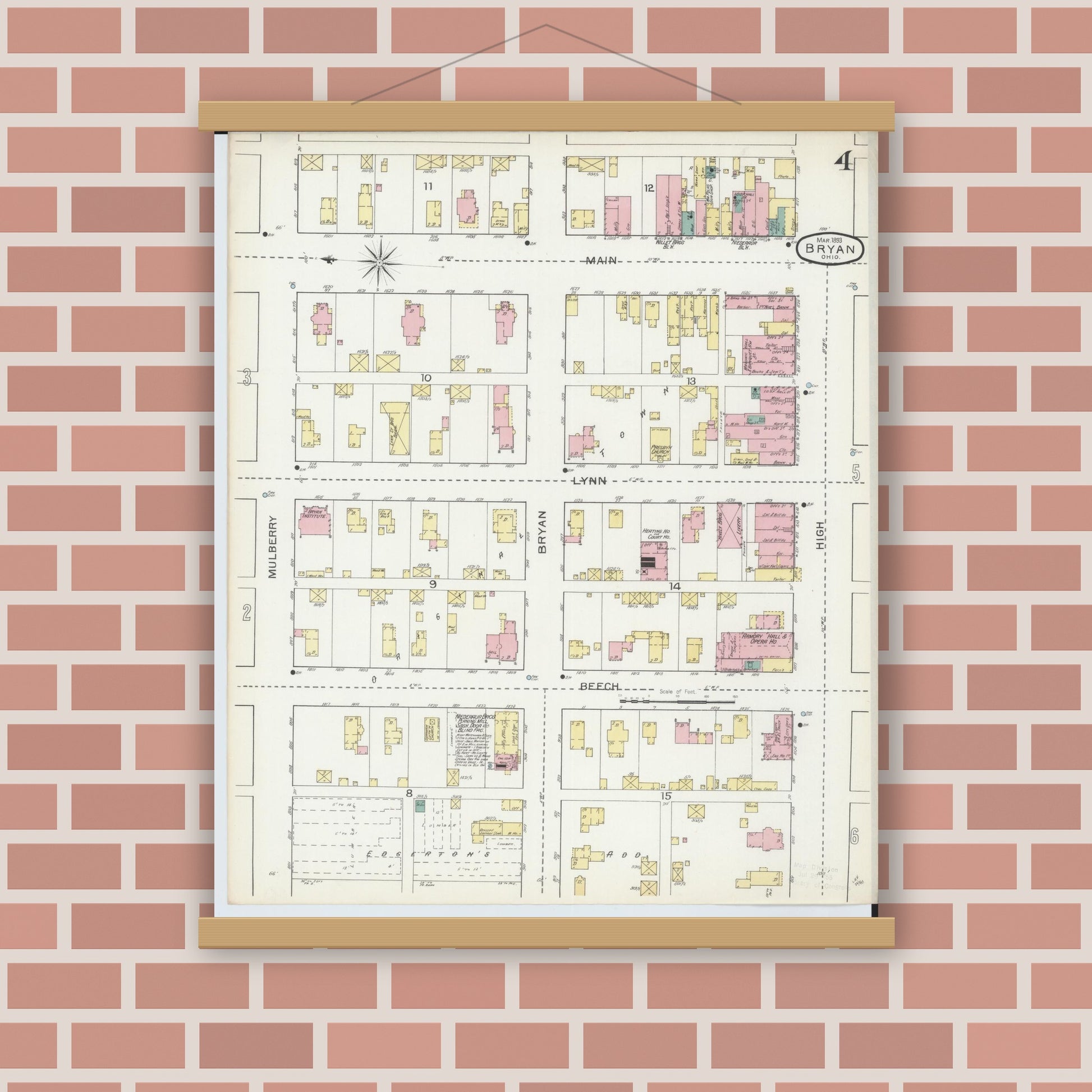 Old map wall art mockup — magnetic wood frame on brick wall — Sanborn Fire Insurance Map from Bryan, Williams County, Ohio (1893), Sheet #0004