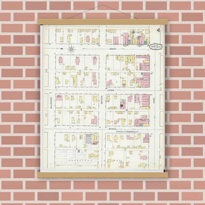 Old map wall art mockup — magnetic wood frame on brick wall — Sanborn Fire Insurance Map from Bryan, Williams County, Ohio (1893), Sheet #0004