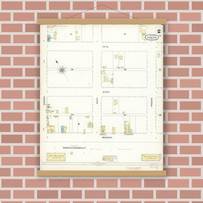 Old map wall art mockup — magnetic wood frame on brick wall — Sanborn Fire Insurance Map from Fowler, Fresno County, California (1896), Sheet #0002