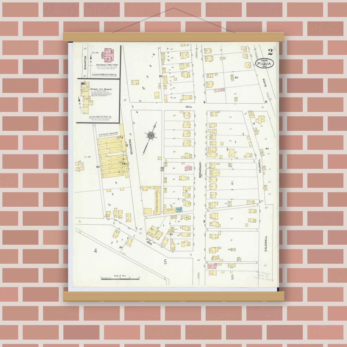 Old map wall art mockup — magnetic wood frame on brick wall — Sanborn Fire Insurance Map from Piqua, Miami County, Ohio (1911), Sheet #0002