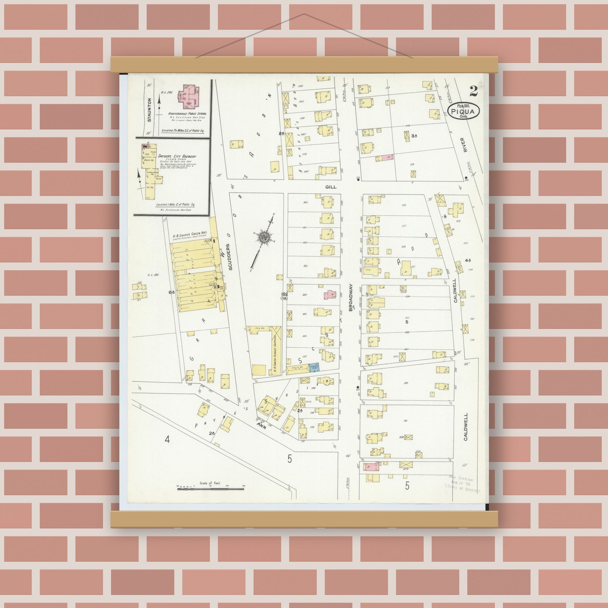 Old map wall art mockup — magnetic wood frame on brick wall — Sanborn Fire Insurance Map from Piqua, Miami County, Ohio (1911), Sheet #0002