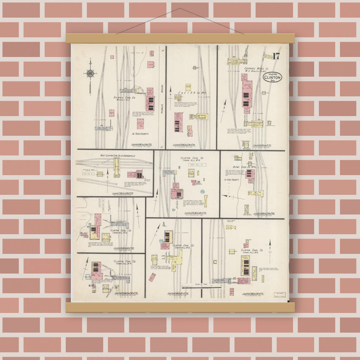 Old map wall art mockup — magnetic wood frame on brick wall — Sanborn Fire Insurance Map from Clinton, Vermillion County, Indiana (1915), Sheet #0017