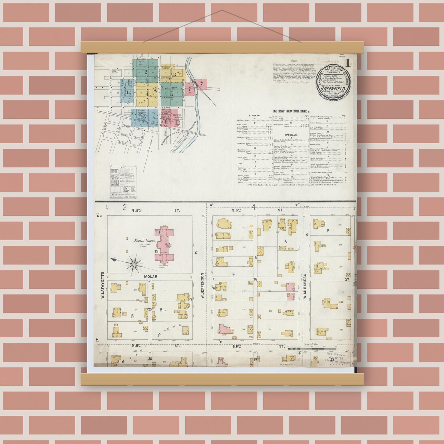 Old map wall art mockup — magnetic wood frame on brick wall — Sanborn Fire Insurance Map from Greenfield, Highland County, Ohio (1899), Sheet #0001