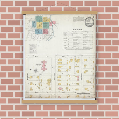 Old map wall art mockup — magnetic wood frame on brick wall — Sanborn Fire Insurance Map from Greenfield, Highland County, Ohio (1899), Sheet #0001
