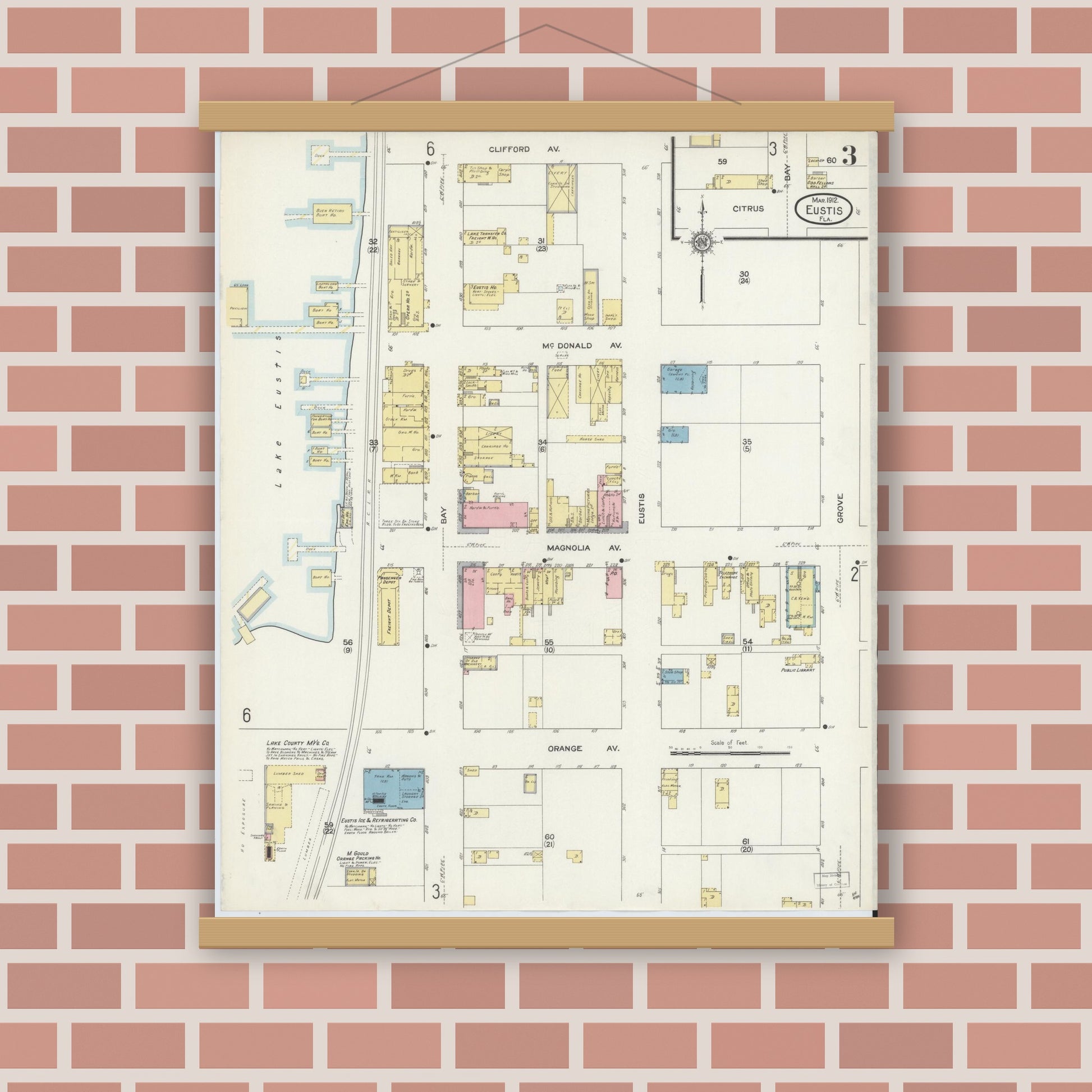 Old map wall art mockup — magnetic wood frame on brick wall — Sanborn Fire Insurance Map from Eustis, Lake County, Florida (1912), Sheet #0003