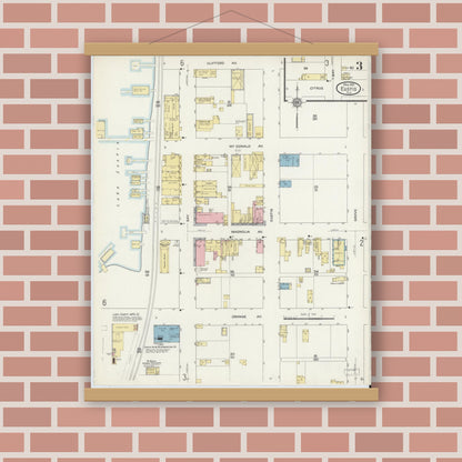 Old map wall art mockup — magnetic wood frame on brick wall — Sanborn Fire Insurance Map from Eustis, Lake County, Florida (1912), Sheet #0003