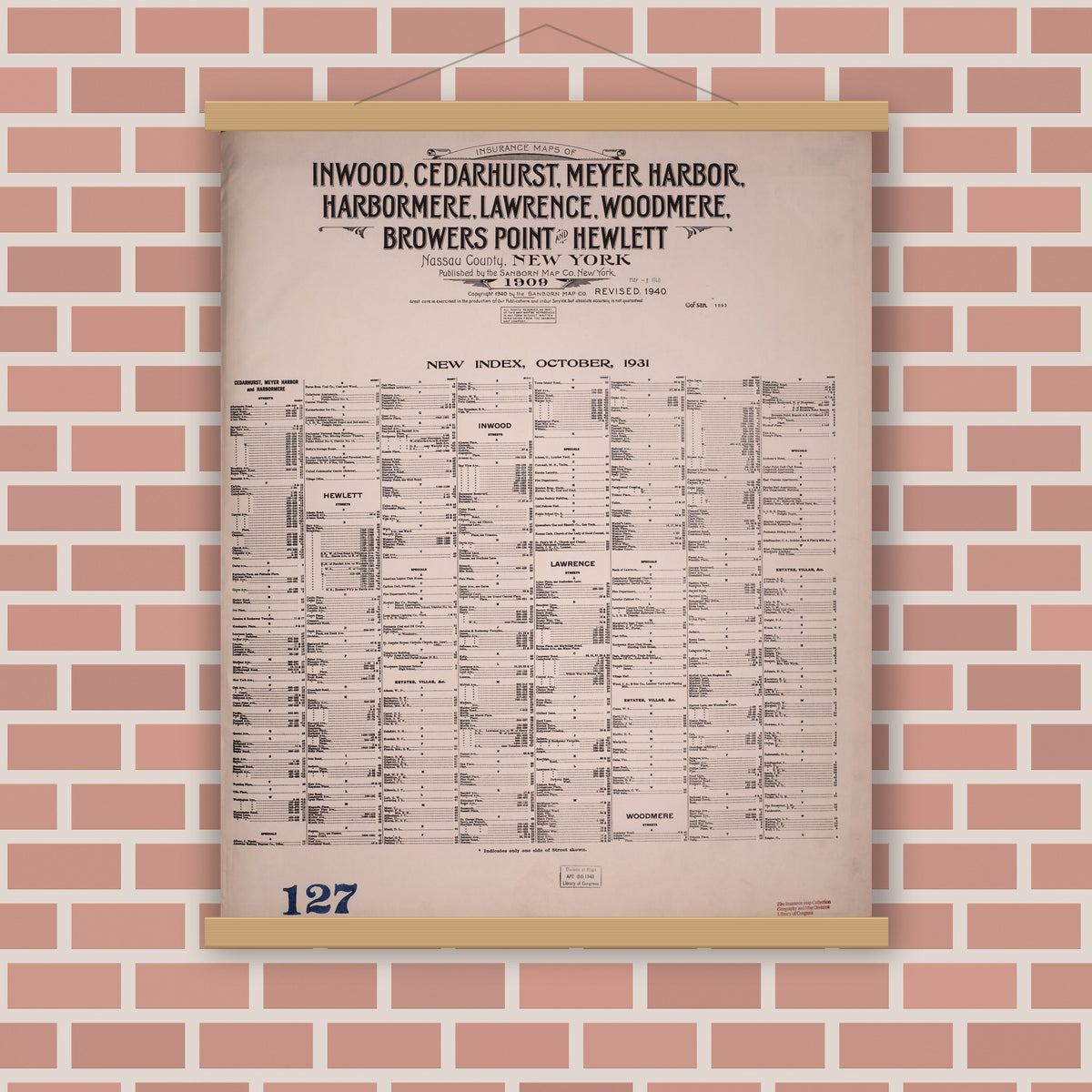 Old map wall art mockup — magnetic wood frame on brick wall — Sanborn Fire Insurance Map from Inwood, Nassau County, New York (1940), Sheet #0001