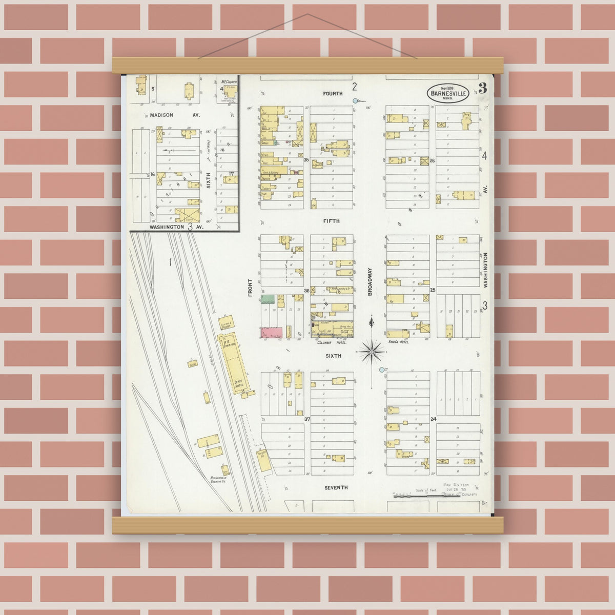 Old map wall art mockup — magnetic wood frame on brick wall — Sanborn Fire Insurance Map from Barnesville, Clay County, Minnesota (1899), Sheet #0003
