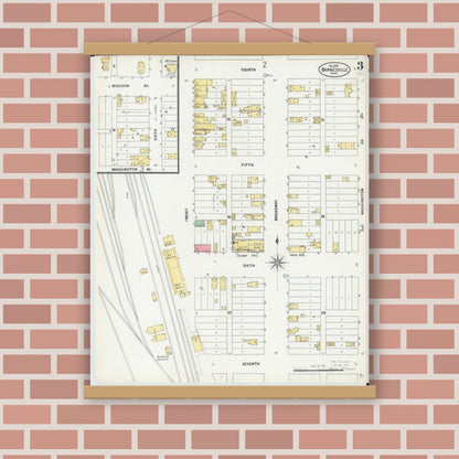 Old map wall art mockup — magnetic wood frame on brick wall — Sanborn Fire Insurance Map from Barnesville, Clay County, Minnesota (1899), Sheet #0003
