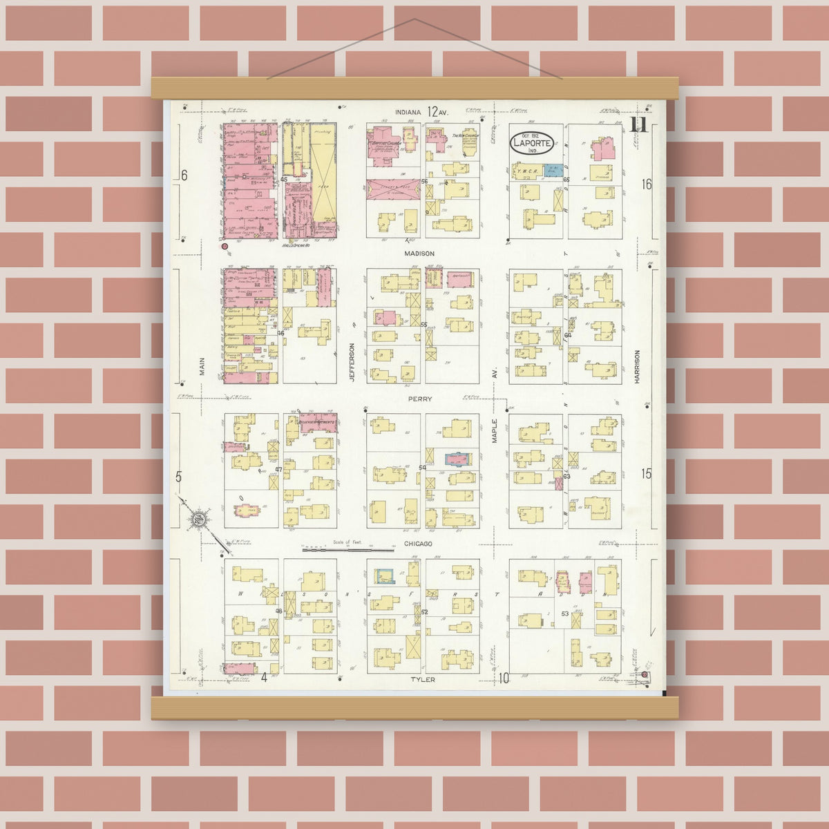 Old map wall art mockup — magnetic wood frame on brick wall — Sanborn Fire Insurance Map from La Porte, La Porte County, Indiana (1912), Sheet #0011
