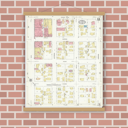 Old map wall art mockup — magnetic wood frame on brick wall — Sanborn Fire Insurance Map from La Porte, La Porte County, Indiana (1912), Sheet #0011