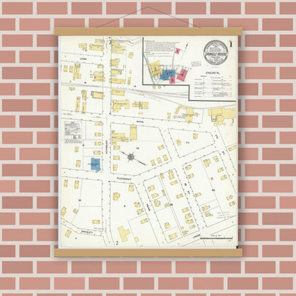 Old map wall art mockup — magnetic wood frame on brick wall — Sanborn Fire Insurance Map from Shingle House, Potter County, Pennsylvania (1909) - Complete Map Set