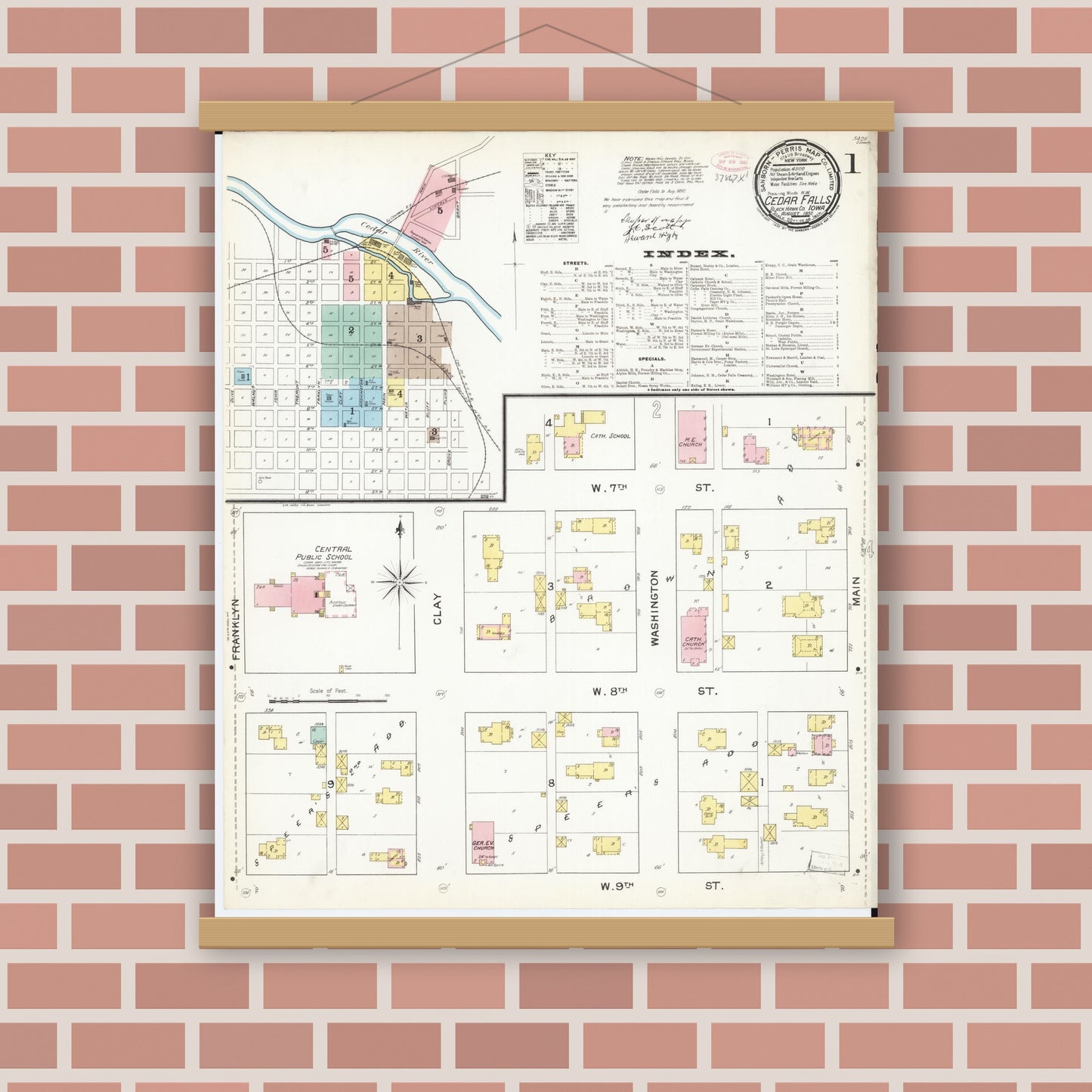 Old map wall art mockup — magnetic wood frame on brick wall — Sanborn Fire Insurance Map from Cedar Falls, Black Hawk County, Iowa (1892), Sheet #0001