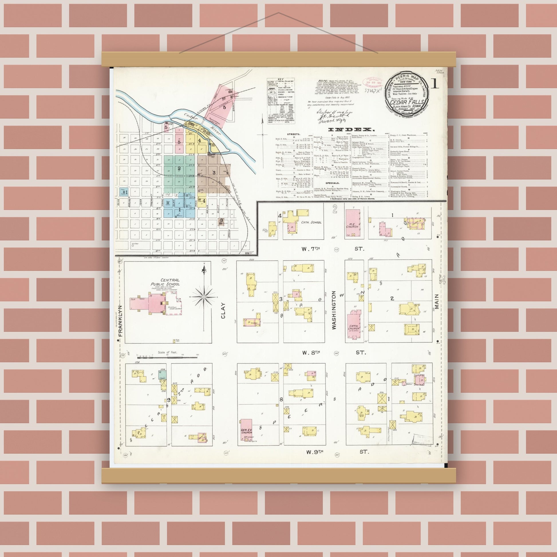 Old map wall art mockup — magnetic wood frame on brick wall — Sanborn Fire Insurance Map from Cedar Falls, Black Hawk County, Iowa (1892), Sheet #0001