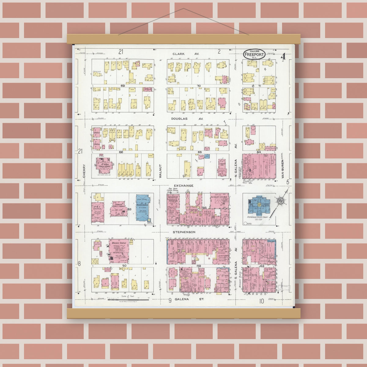 Old map wall art mockup — magnetic wood frame on brick wall — Sanborn Fire Insurance Map from Freeport, Stephenson County, Illinois (1918), Sheet #0004