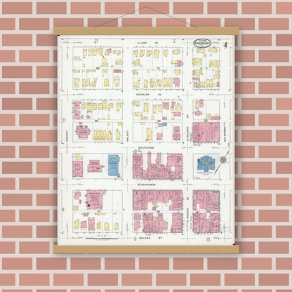 Old map wall art mockup — magnetic wood frame on brick wall — Sanborn Fire Insurance Map from Freeport, Stephenson County, Illinois (1918), Sheet #0004