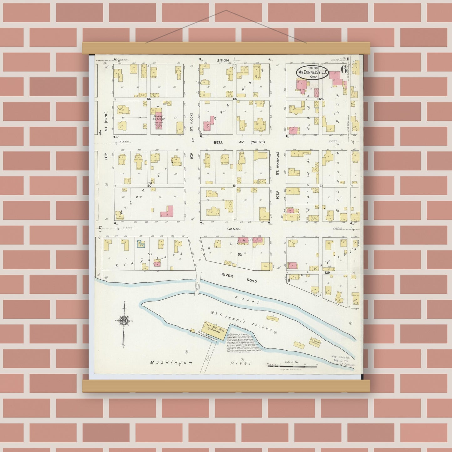 Old map wall art mockup — magnetic wood frame on brick wall — Sanborn Fire Insurance Map from McConnelsville, Morgan County, Ohio (1917), Sheet #0006