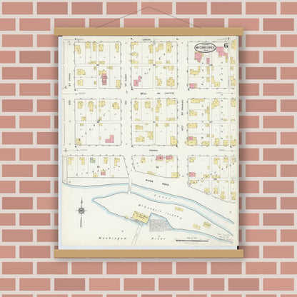 Old map wall art mockup — magnetic wood frame on brick wall — Sanborn Fire Insurance Map from McConnelsville, Morgan County, Ohio (1917), Sheet #0006