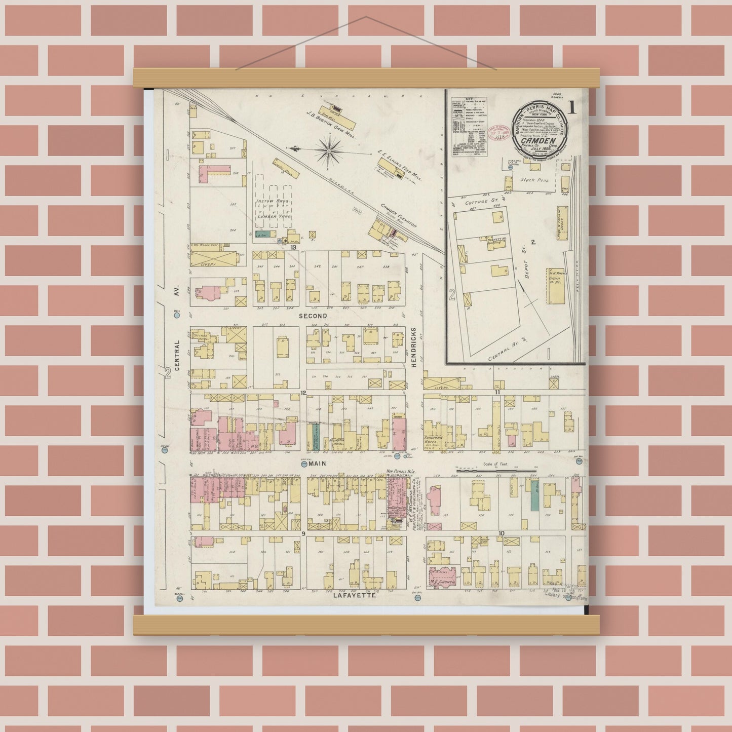 Old map wall art mockup — magnetic wood frame on brick wall — Sanborn Fire Insurance Map from Camden, Preble County, Ohio (1895) - Complete Map Set