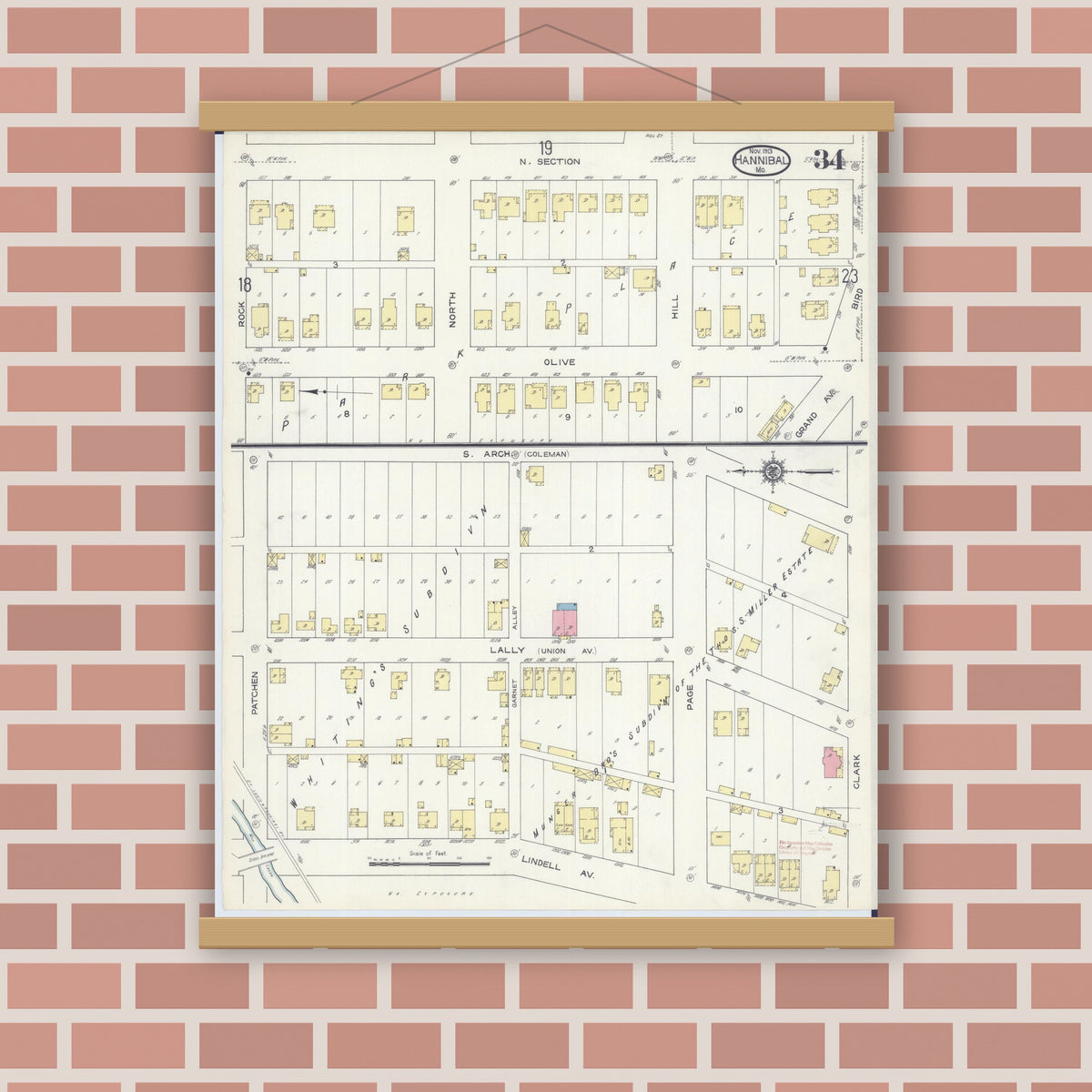 Old map wall art mockup — magnetic wood frame on brick wall — Sanborn Fire Insurance Map from Hannibal, Marion County, Missouri (1913), Sheet #0034
