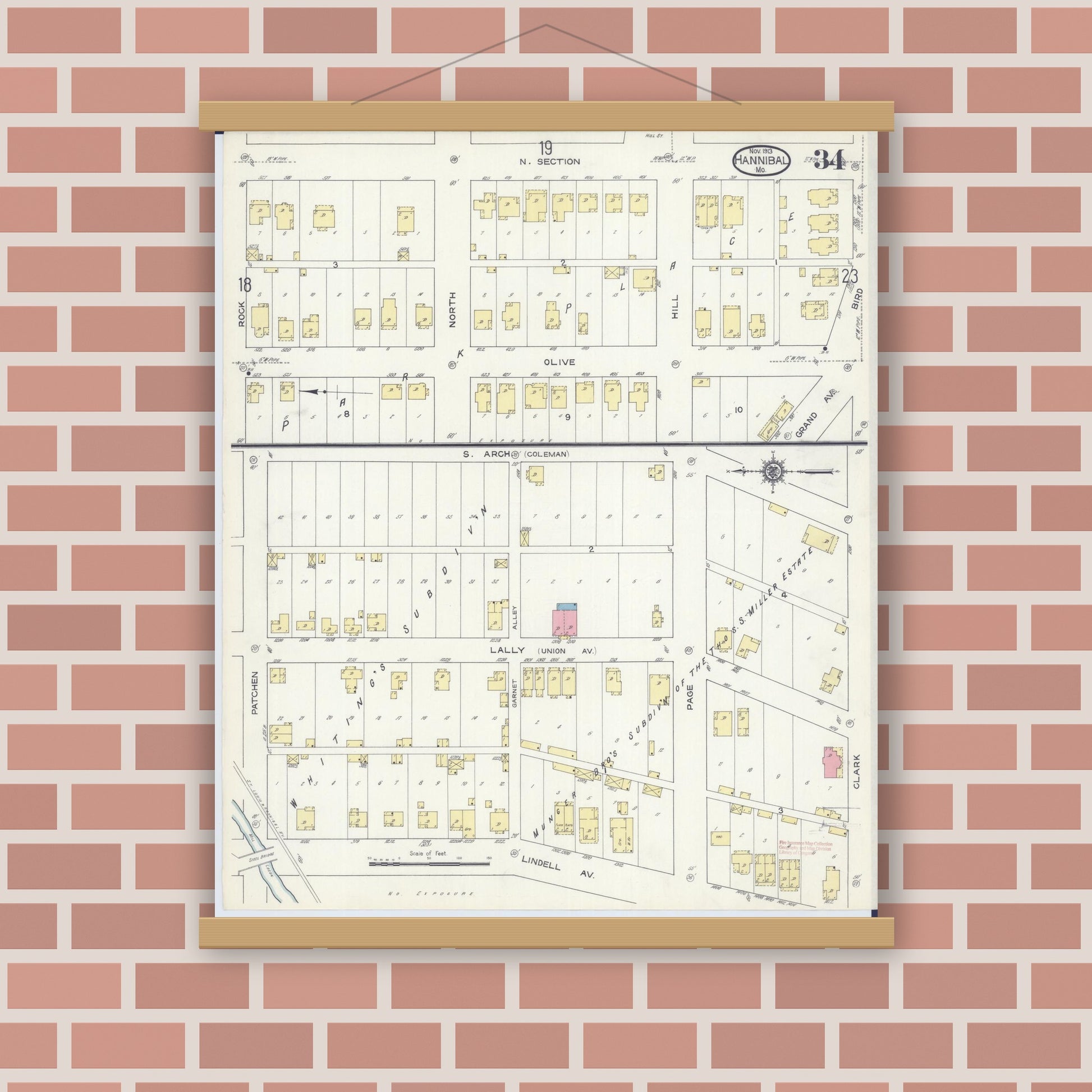 Old map wall art mockup — magnetic wood frame on brick wall — Sanborn Fire Insurance Map from Hannibal, Marion County, Missouri (1913), Sheet #0034