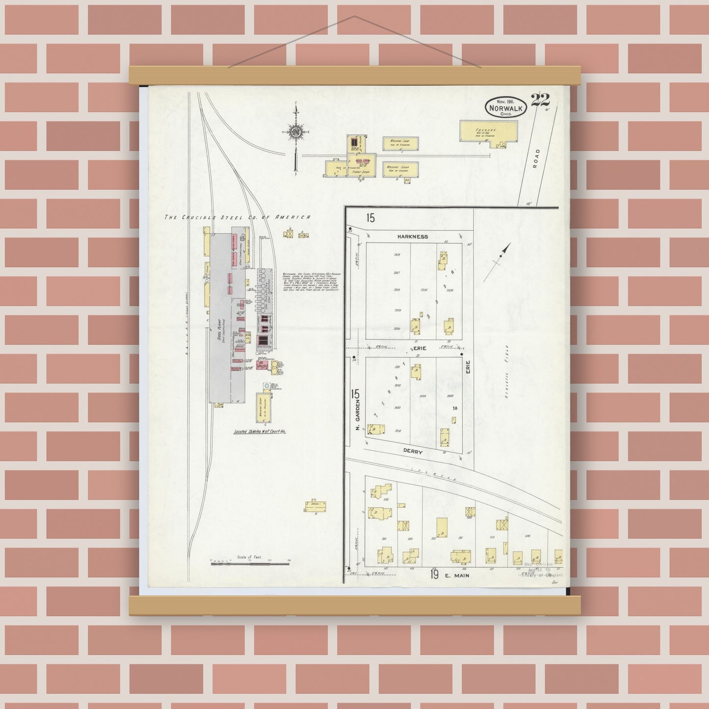 Old map wall art mockup — magnetic wood frame on brick wall — Sanborn Fire Insurance Map from Norwalk, Huron County, Ohio (1911), Sheet #0022