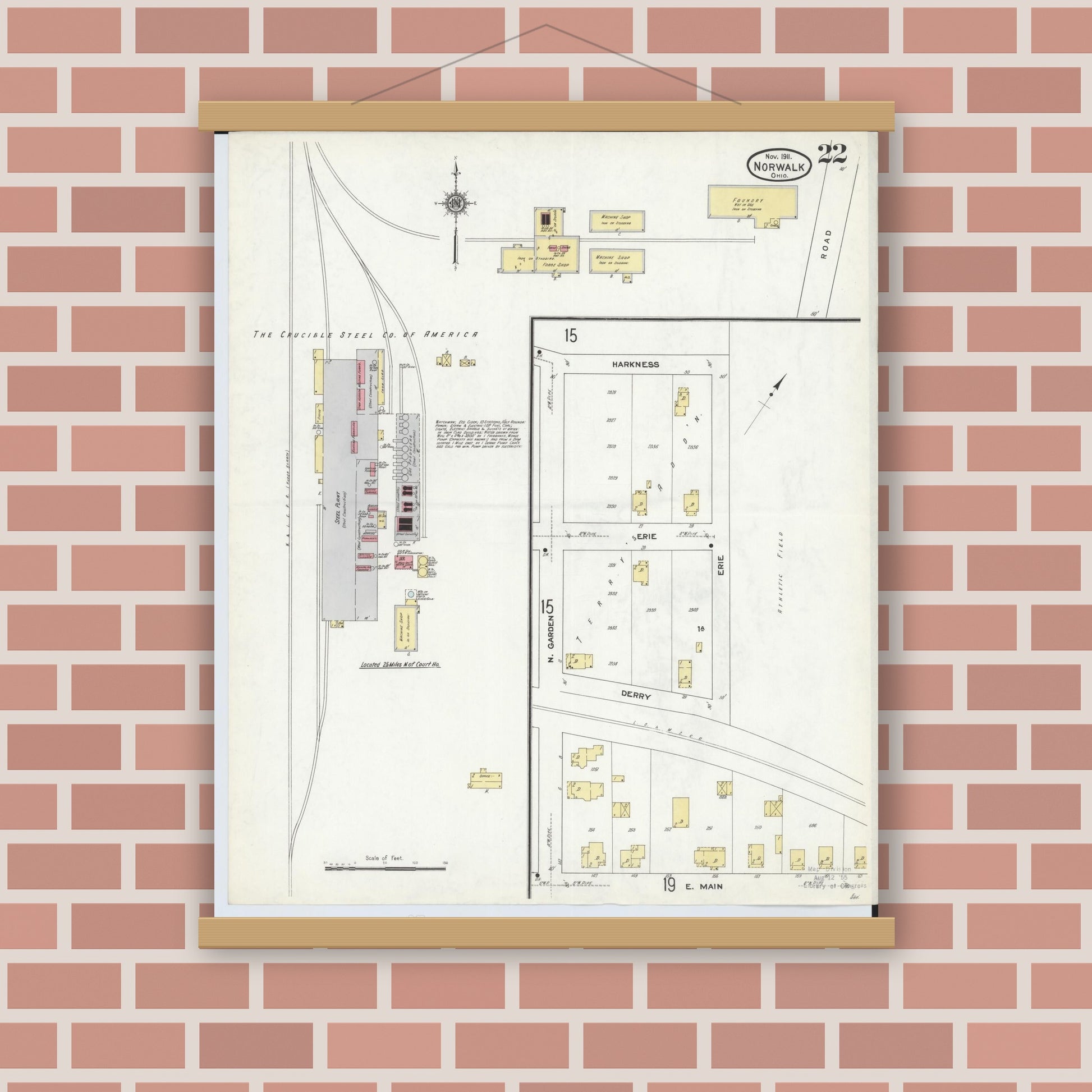 Old map wall art mockup — magnetic wood frame on brick wall — Sanborn Fire Insurance Map from Norwalk, Huron County, Ohio (1911), Sheet #0022