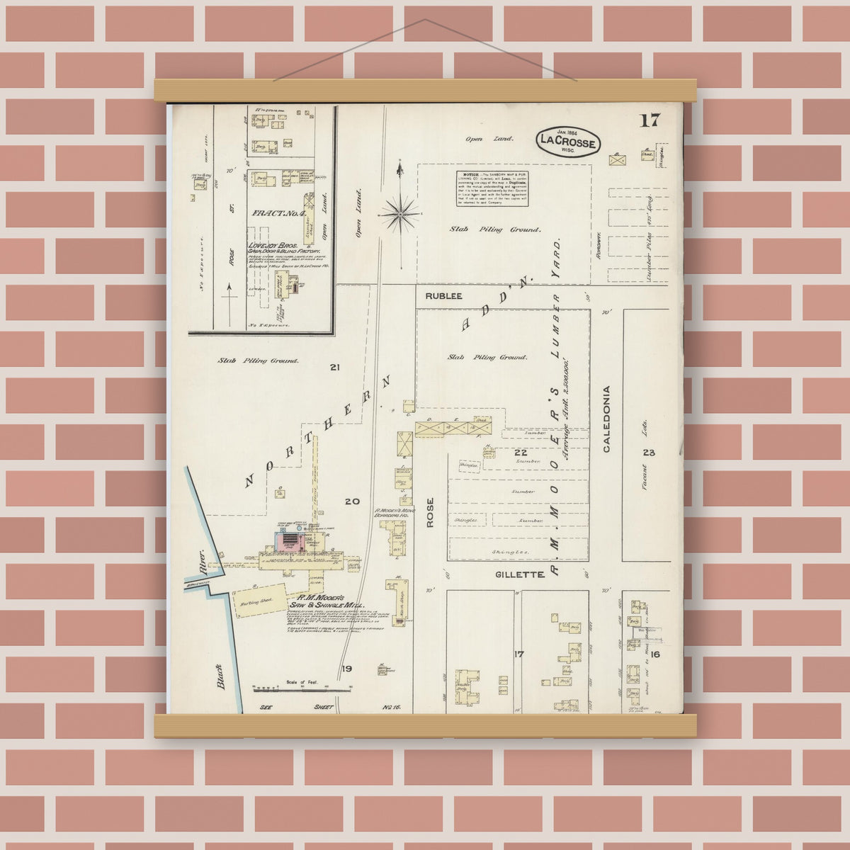 Old map wall art mockup — magnetic wood frame on brick wall — Sanborn Fire Insurance Map from La Crosse, La Crosse County, Wisconsin (1884), Sheet #0017