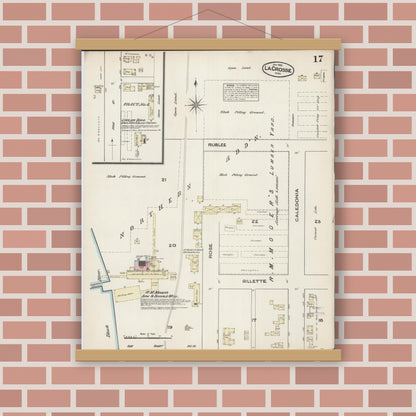 Old map wall art mockup — magnetic wood frame on brick wall — Sanborn Fire Insurance Map from La Crosse, La Crosse County, Wisconsin (1884), Sheet #0017