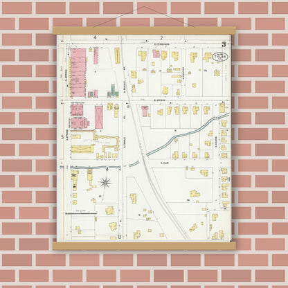 Old map wall art mockup — magnetic wood frame on brick wall — Sanborn Fire Insurance Map from Tyler, Smith County, Texas (1902), Sheet #0003