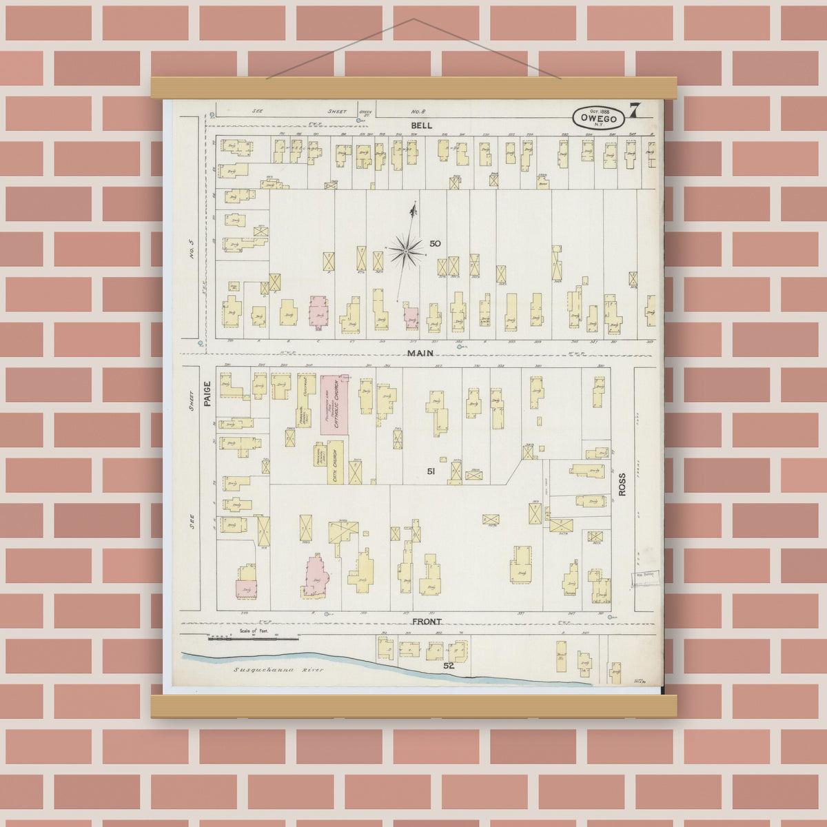 Old map wall art mockup — magnetic wood frame on brick wall — Sanborn Fire Insurance Map from Owego, Tioga County, New York (1888), Sheet #0007