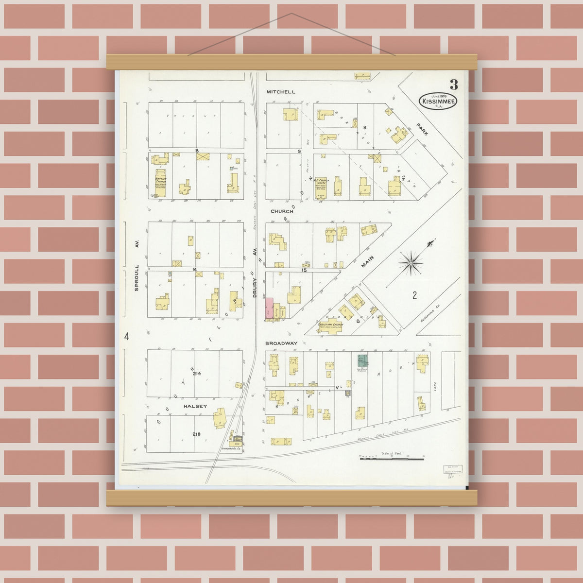Old map wall art mockup — magnetic wood frame on brick wall — Sanborn Fire Insurance Map from Kissimmee, Osceola County, Florida (1909), Sheet #0003