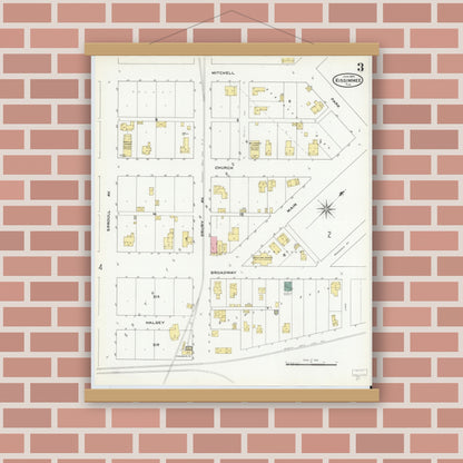 Old map wall art mockup — magnetic wood frame on brick wall — Sanborn Fire Insurance Map from Kissimmee, Osceola County, Florida (1909), Sheet #0003