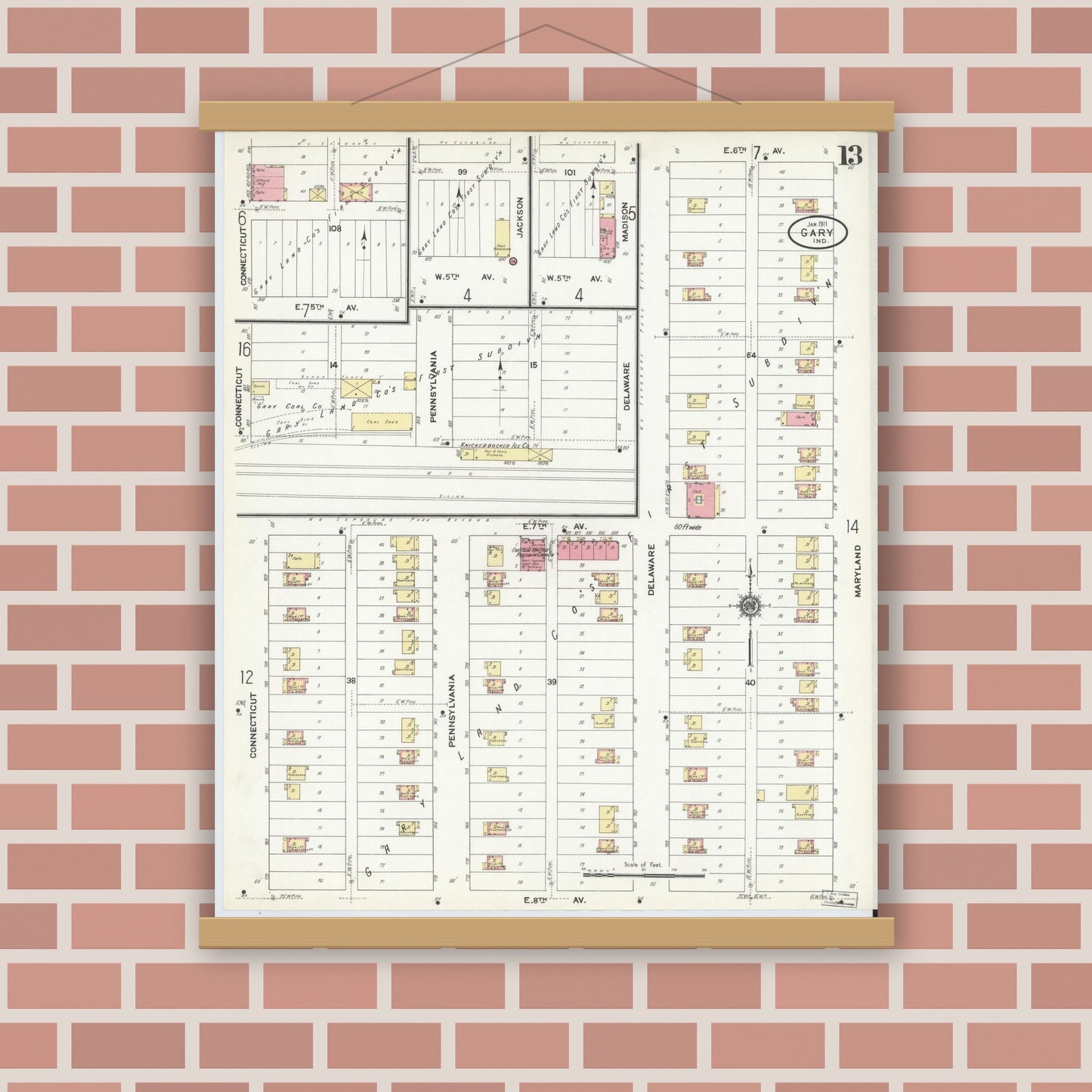 Old map wall art mockup — magnetic wood frame on brick wall — Sanborn Fire Insurance Map from Gary, Lake County, Indiana (1911), Sheet #0013