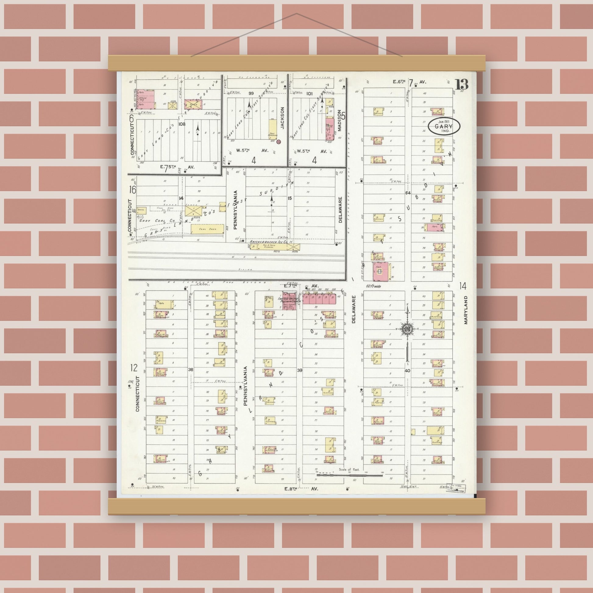 Old map wall art mockup — magnetic wood frame on brick wall — Sanborn Fire Insurance Map from Gary, Lake County, Indiana (1911), Sheet #0013
