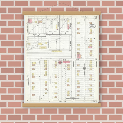 Old map wall art mockup — magnetic wood frame on brick wall — Sanborn Fire Insurance Map from Gary, Lake County, Indiana (1911), Sheet #0013