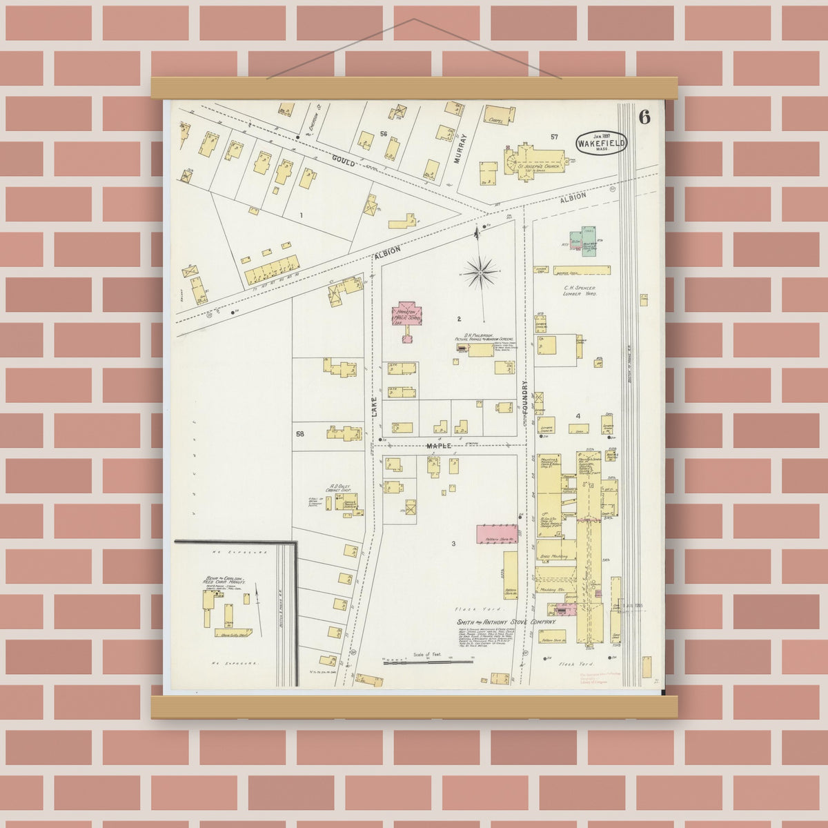 Old map wall art mockup — magnetic wood frame on brick wall — Sanborn Fire Insurance Map from Wakefield, Middlesex County, Massachusetts (1897), Sheet #0006