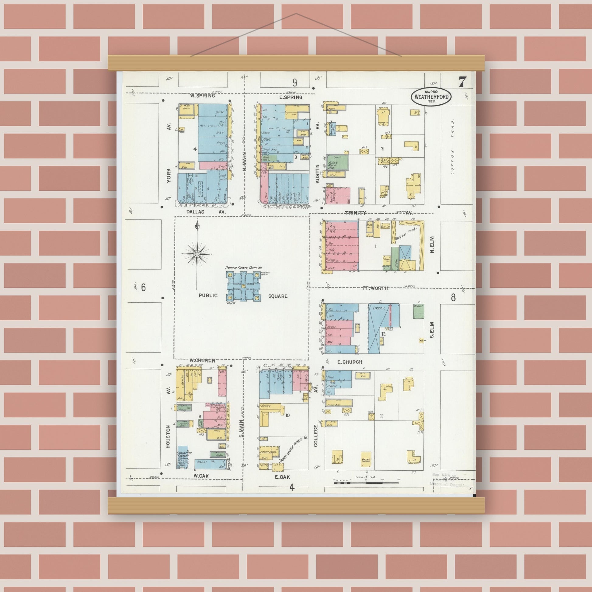 Old map wall art mockup — magnetic wood frame on brick wall — Sanborn Fire Insurance Map from Weatherford, Parker County, Texas (1900), Sheet #0007