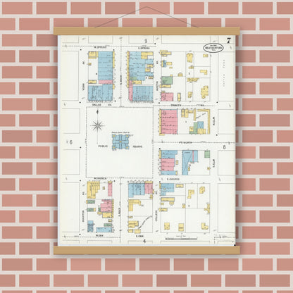 Old map wall art mockup — magnetic wood frame on brick wall — Sanborn Fire Insurance Map from Weatherford, Parker County, Texas (1900), Sheet #0007