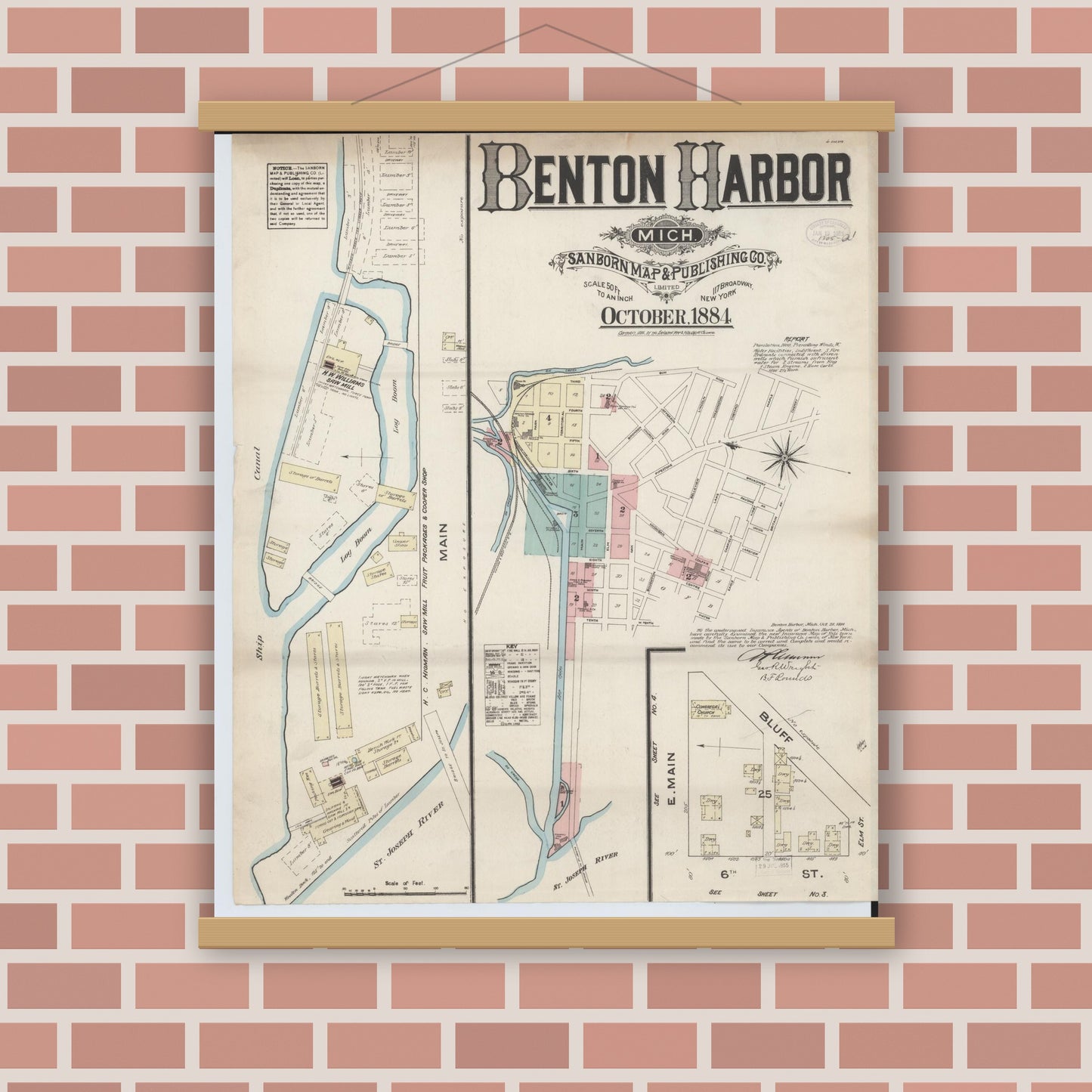 Old map wall art mockup — magnetic wood frame on brick wall — Sanborn Fire Insurance Map from Benton Harbor, Berrien County, Michigan (1884) - Complete Map Set