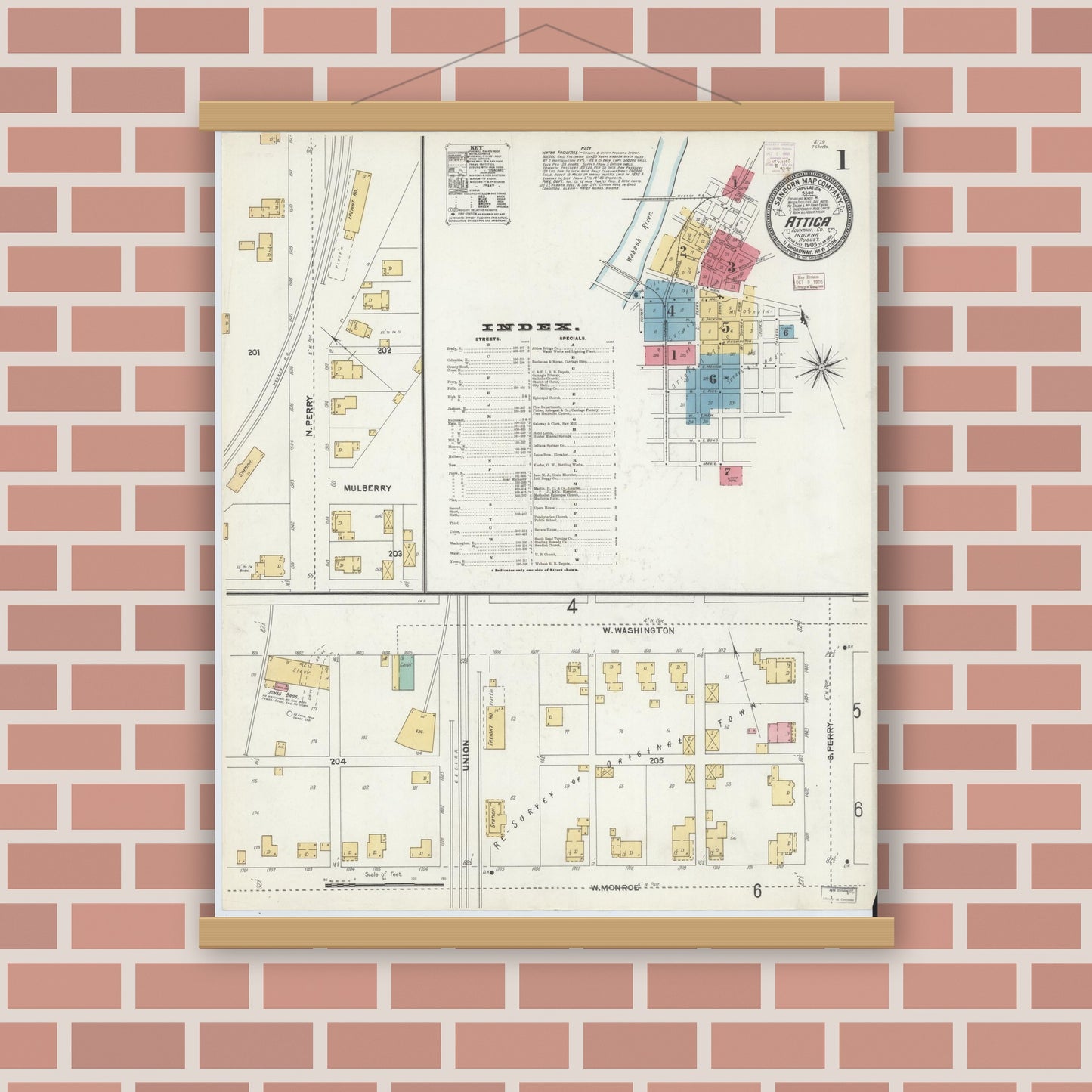 Old map wall art mockup — magnetic wood frame on brick wall — Sanborn Fire Insurance Map from Attica, Fountain County, Indiana (1905), Sheet #0001