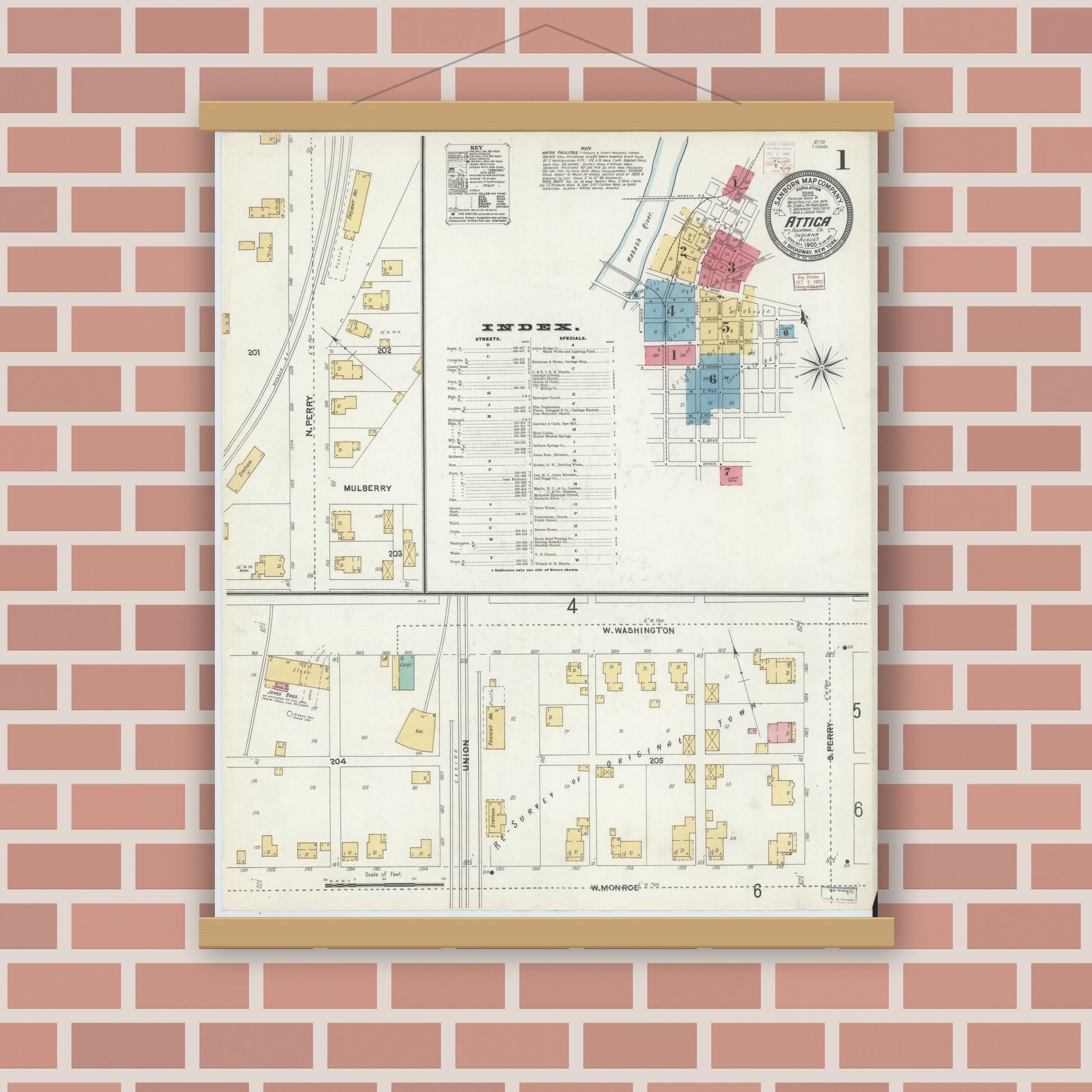Old map wall art mockup — magnetic wood frame on brick wall — Sanborn Fire Insurance Map from Attica, Fountain County, Indiana (1905), Sheet #0001