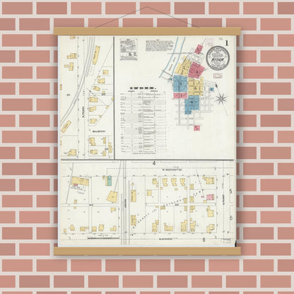 Old map wall art mockup — magnetic wood frame on brick wall — Sanborn Fire Insurance Map from Attica, Fountain County, Indiana (1905), Sheet #0001